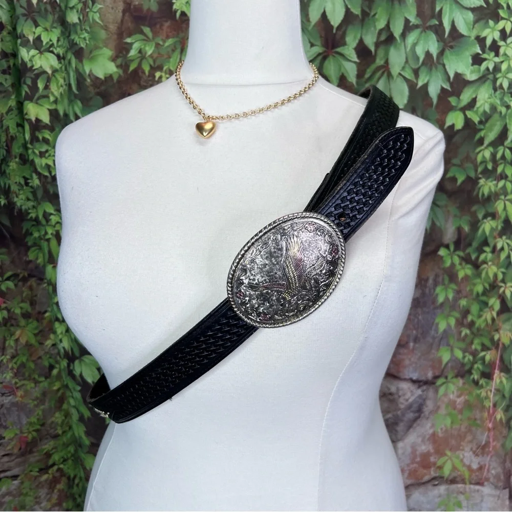 VINTAGE WESTERN BELT Black Leather Rodeo w/Eagle Head Buckle, Made in USA, 50